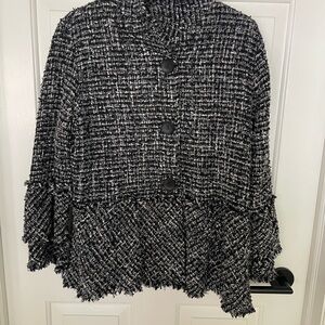 DAMEE Black white silver peplum fringe blazer jacket. Size Med